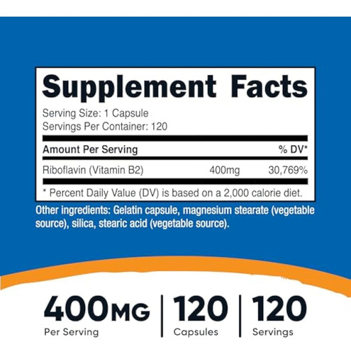 Vitamina B2 (riboflavina) Nutricost 400 Mg 120 - Imagem 2