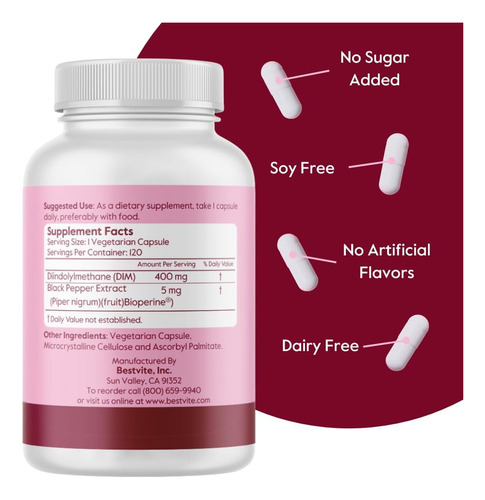 Bestvite Dim (diindolilmetano) 400 Mg Com Bioperina (240 Cáp - Imagem 2