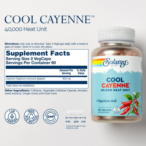 Suplemento Solaray Cool Cayenne Pepper 40.000 Hu 180 Cápsula - Imagem 2