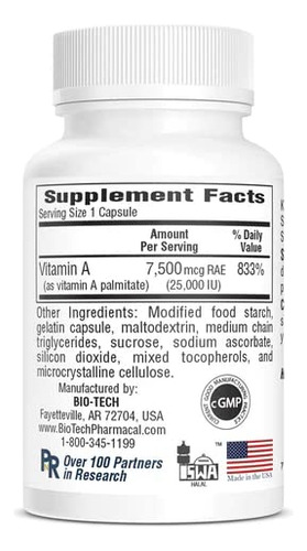Suplemento Dietético Bio-tech Pharmacal A-25 Vitamina A 100 - Imagem 3