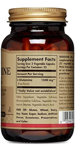 Solgar L-glutamina 500 Mg 100 Cápsulas Vegetais - Imagem 3