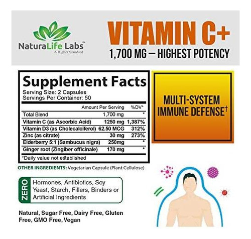Vitamina C 1700 Mg Naturalife Labs 100 Cápsulas - Imagem 2