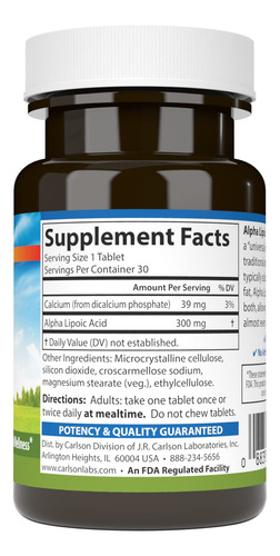 Suplemento De Ácido Alfa Lipóico Carlson 300 Mg 30 Comprimid - Imagem 2