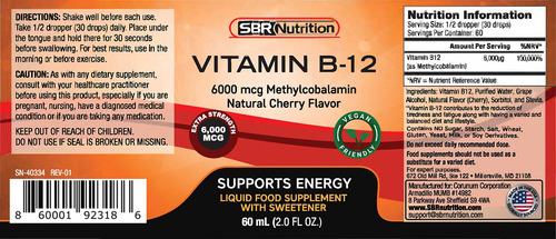 Gotas De Líquido Sublingual De Vitamina B12 Sbr Nutrition 60 - Imagem 3