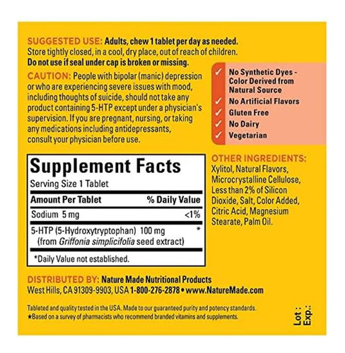 Nature Made 5htp Mastigável 100mg Suplemento De Suporte Ao - Imagem 6