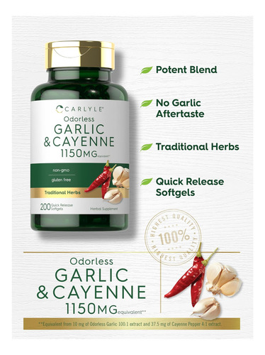 Alho Inodoro Carlyle E Pimenta Caiena 1150mg 200 Cápsulas - Imagem 4