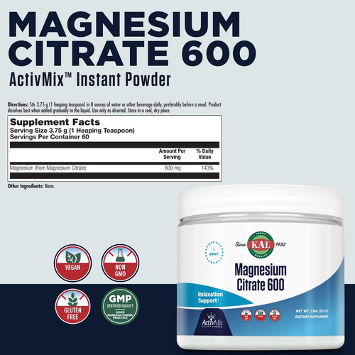 Kal Citrato De Magnésio 600 Mg Activmix Pó Instantâneo Supl - Imagem 2