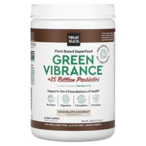 Vibrant Health Green Vibrance +25 Bilhões de Probióticos Versão 21.0 Chocolate e Coco 350 g (1235 oz)