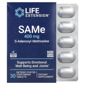 Life Extension SAMe S-Adenosilmetionina 400 mg 30 Comprimidos Vegetarianos com Revestimento Entérico