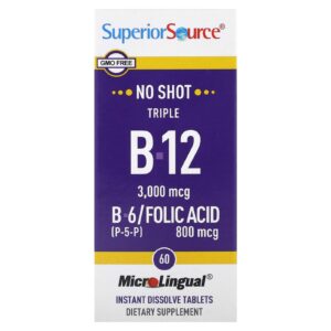 Superior Source Triple B-12 B-6 Ácido Fólico 60 Comprimidos MicroLingual de Dissolução Instantânea