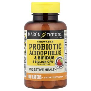 Mason Natural Probióticos mastigáveis Acidophilus e Bifidus Morango 2 Bilhões de UFCs 100 Bolachas