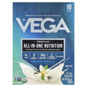 Vega Proteína Orgânica à Base de Plantas Nutrição Completa Premium Baunilha Francesa 10 Pacotes 38 g (14 oz) Cada