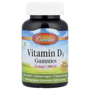 Carlson Gomas de Vitamina D3 Frutas Naturais 25 mcg (1.000 UI) 60 Gomas Vegetarianas