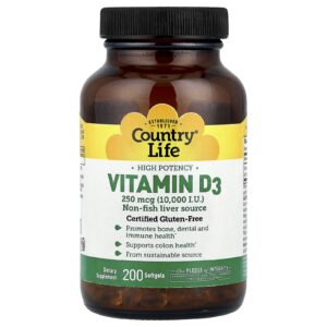 Country Life Vitamina D3 de Alta Potência 250 mcg (10.000 UI) 200 Cápsulas Softgel
