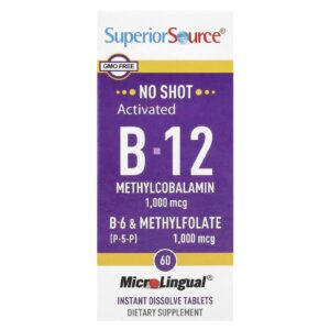 Superior Source B-12 Ativada Mecobalamina B-6 (P-5-P) e Metilfolato 60 Comprimidos MicroLingual® de Dissolução Instantânea