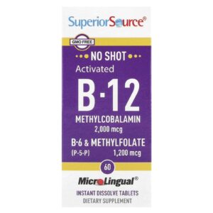 Superior Source B-12 Ativada Mecobalamina B-6 (P-5-P) e Metilfolato 60 Comprimidos MicroLingual® de Dissolução Instantânea