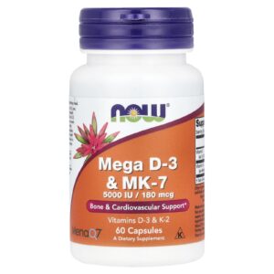 NOW Foods Mega D-3 e MK-7 5.000 UI/180 mcg 60 Cápsulas