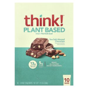 Think ! Barras Ricas em Proteínas à Base de Plantas Sal Marinho Amêndoa e Chocolate 10 Barras 55 g (194 oz) Cada
