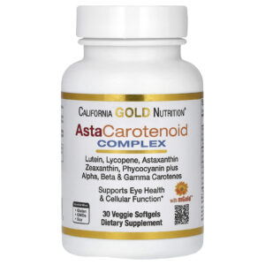 California Gold Nutrition Complexo AstaCarotenoid com Luteína Licopeno Astaxantina e Vitamina A 30 Cápsulas Softgel Vegetais
