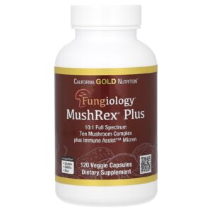 California Gold Nutrition Fungiology MushRex Plus Complexo de Dez Cogumelos de Espectro Completo com Agaricus Chaga Cordyceps e Juba-de-Leão 120 Plantcaps