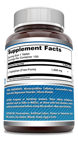 Suplemento Amazing Nutrition L-triptofano 1000 Mg (120 Compr - Imagem 2