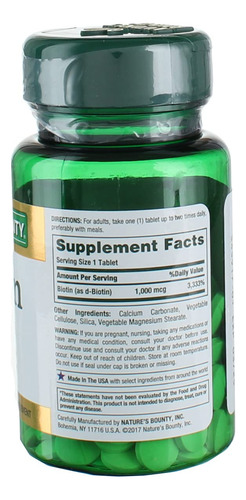 Suplemento Nature"s Bounty Biotina 1000mcg Comprimidos 100x - Imagem 4