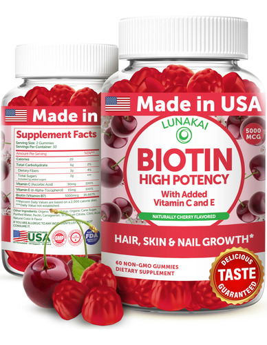 Suplemento De Gomas De Biotina Lunakai 5000mcg Com Vitamina