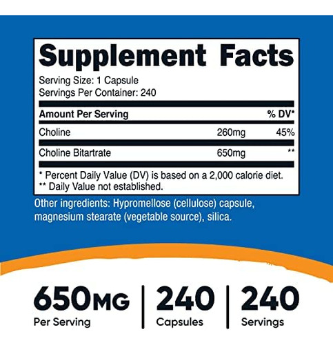 Bitartrato De Colina Nutricost 650 Mg 240 Cápsulas Sem Omg - Imagem 3