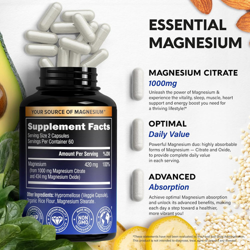 Cápsulas De Citrato De Magnésio 1000mg Suplemento De Al... - Imagem 5