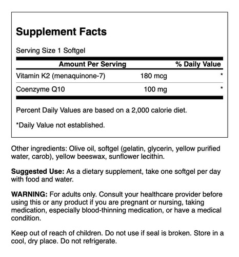 Suplemento Swanson Coq10+ Vitamina K2 60 Cápsulas Gelatinosa - Imagem 2
