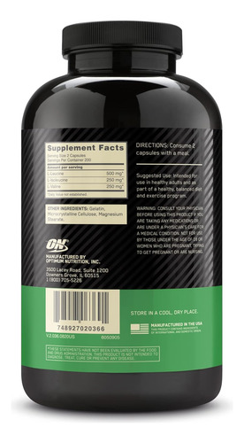 Suplemento Deportivo Optimum Nutrition Bcaa 400 Cápsulas - Imagem 7