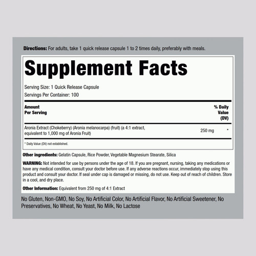 Suplemento Piping Rock Aronia Berry Capsules 1000 Mg 100 Com - Imagem 2