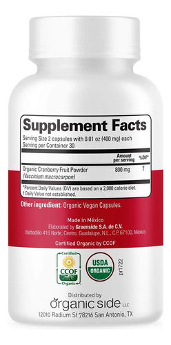 Supplement Os Organic Side Organic Cranberry 60 Capsules - Imagem 2