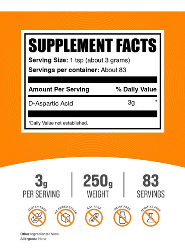 Suplemento Bulksupplements.com Ácido D-aspártico 250g - Imagem 2