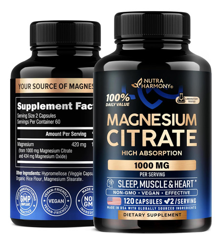 Cápsulas De Citrato De Magnésio 1000mg Suplemento De Al...