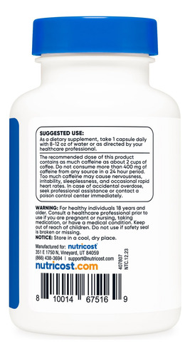 Pílulas De Cafeína De Nutricost 200mg 120 Cápsulas - Sem Gl - Imagem 4