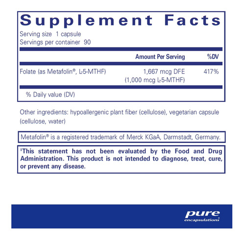 Pure Encapsulations Folate 1000 - Metafolin L-5-mthf - Suple - Imagem 2