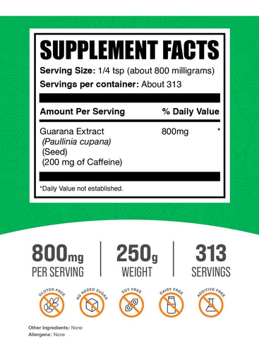 Suplemento Bulksupplements.com Extrato De Guaraná Em Pó 250g - Imagem 2
