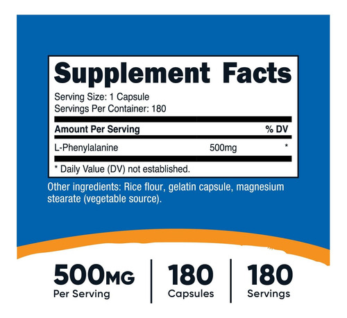 Nutricost L-fenilalanina 500mg 180 Cápsulas - Imagem 2