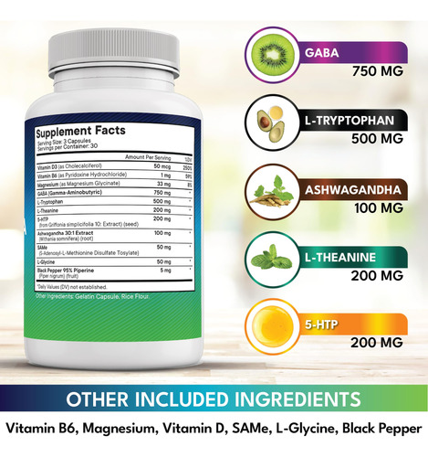 Suplemento New Age Gaba 750 Mg 5-htp 200 Mg L-triptofano 500 - Imagem 3