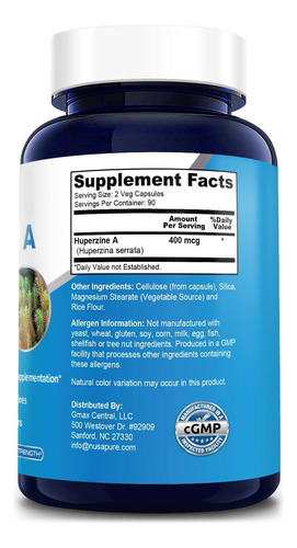 Nusapure Huperzine A 400mcg 180 Cápsulas Vegetais (vegetaria - Imagem 3