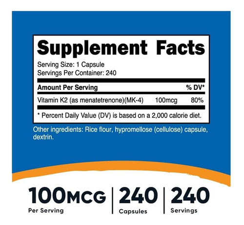 Nutricost Vitamina K2 (mk4) 240 Cápsulas (100mcg) - Sem Glút - Imagem 2