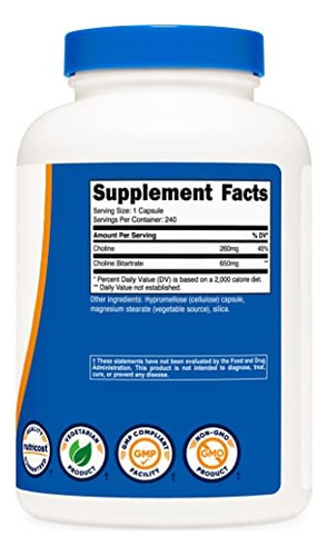 Bitartrato De Colina Nutricost 650 Mg 240 Cápsulas Sem Omg - Imagem 2