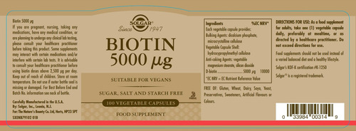 Suplemento De Biotina Solgar 5000mcg 100 Cápsulas Vegetais P - Imagem 2