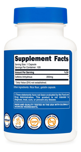 Pílulas De Cafeína De Nutricost 200mg 120 Cápsulas - Sem Gl - Imagem 5