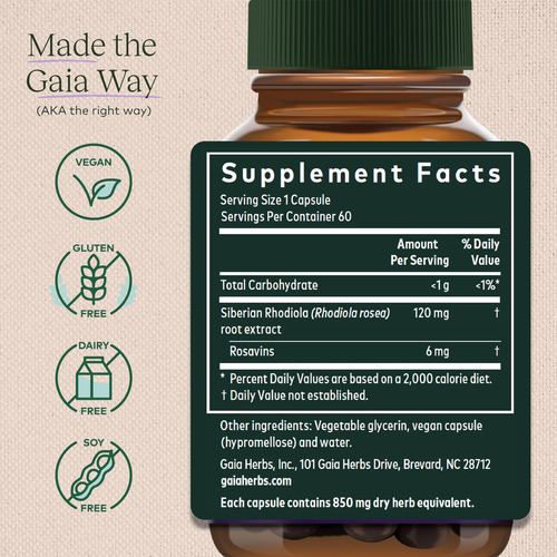 Suplemento Gaia Herbs Rhodiola Rosea Stress Support 60 Cápsu - Imagem 2