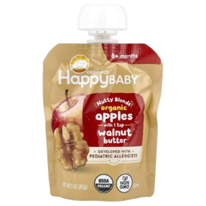 Happy Family Organics Happy Baby® Nutty Blends™ A partir de 6 Meses Maçãs Orgânicas com 1 colher de chá de Manteiga de Nozes 85 g (3 oz)