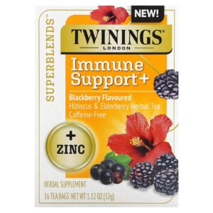 Twinings Superblends™ Suporte Imunológico+ Chá de Ervas de Hibisco e Sabugueiro Amora Sem Cafeína 16 Saquinhos de Chá 32 g (112 oz)