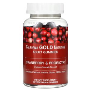 California Gold Nutrition Gomas de Cranberry e Probióticos com Concentrado de Cranberry Fruto-oligossacarídeos e Bacillus coagulans Cranberry Natural 90 Gomas Vegetarianas
