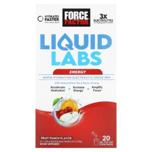 Force Factor Liquid Labs™ Energy Mistura para Bebida de Eletrólitos para Hidratação Rápida Ponche de Frutas 20 Embalagens 8 g (028 oz) Cada